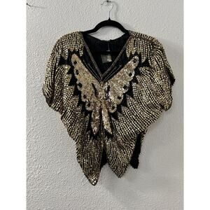 Vintage Womens 70s Brown 100% Silk Sequined Embellished Butterfly Party Top Sz M